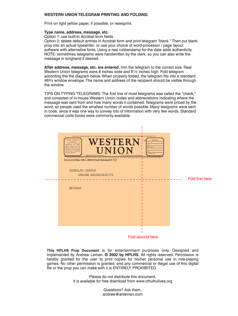 Western Union Telegram Template  Form