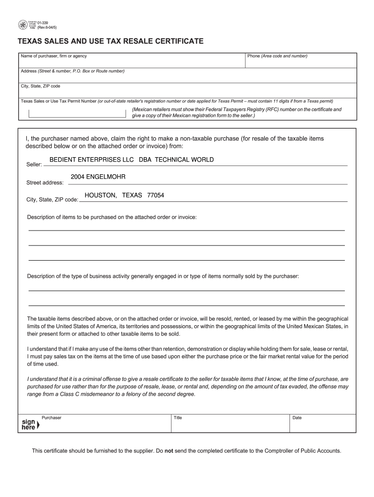 Texas Resale Certificate  Form