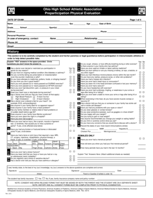 X Ohio High School Athletic Association Preparticipation Physical Evaluation DATE of EXAM Page 1 of 4 Name Sex Age Date of Birth  Form