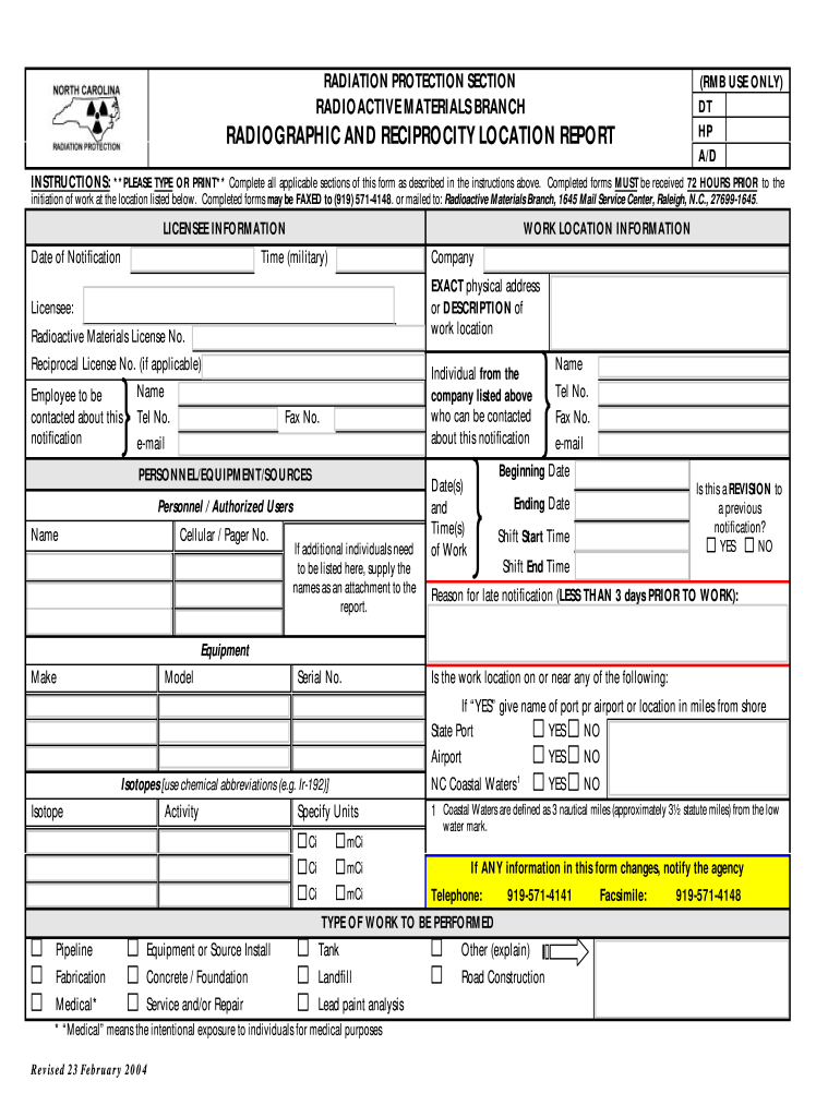  Radiographic and Reciprocity Location Report Radiation Protection 2004