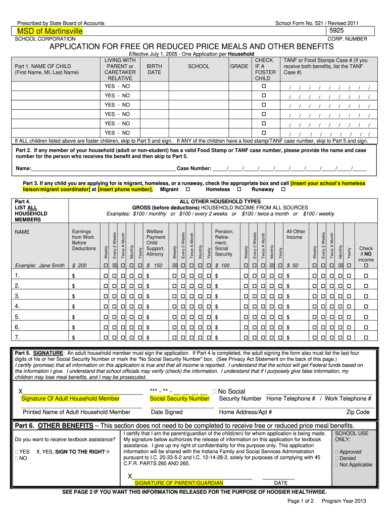 Get and Sign Msd Martinsville Reduced Meal Application Form 2013-2022