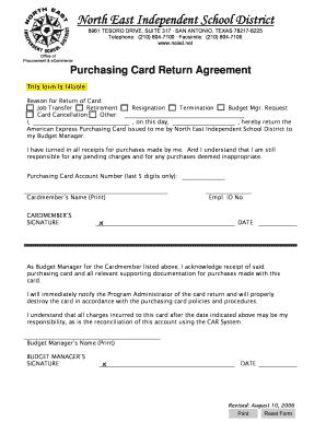 Purchasing Card Maintenance Form North East Independent