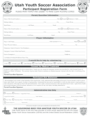 Utah Youth Soccer Association Participant Registration Form