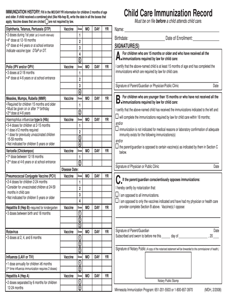  Minnesota Vaccination Form 2008