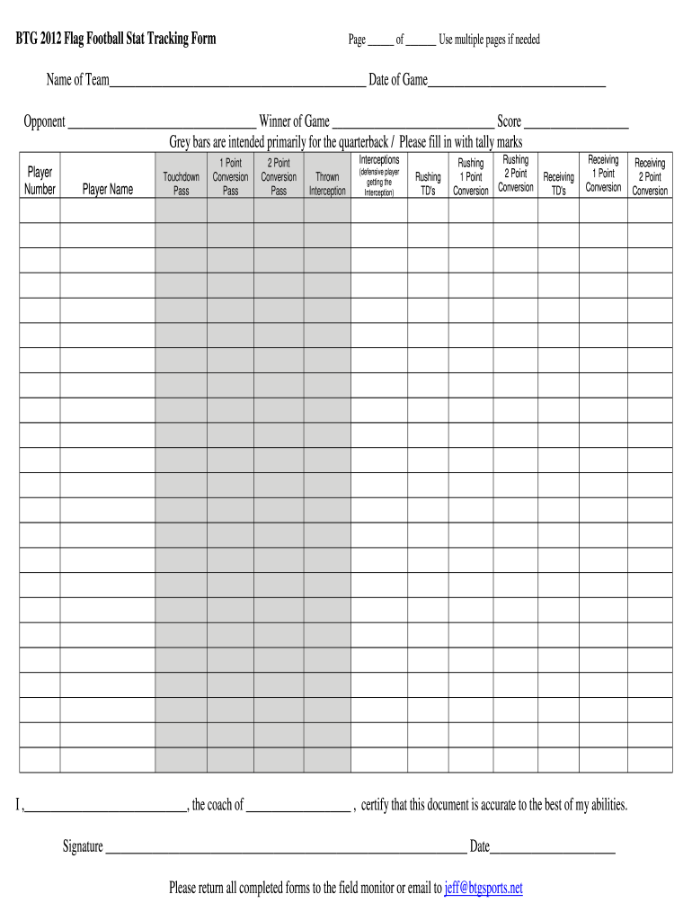  Flag Football Stat Sheet 2012-2024