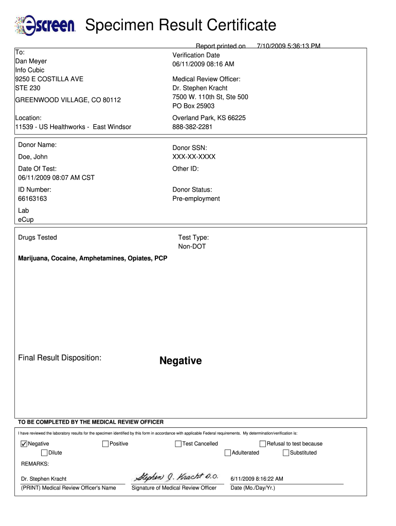 Escreen Specimen Result Certificate  Form