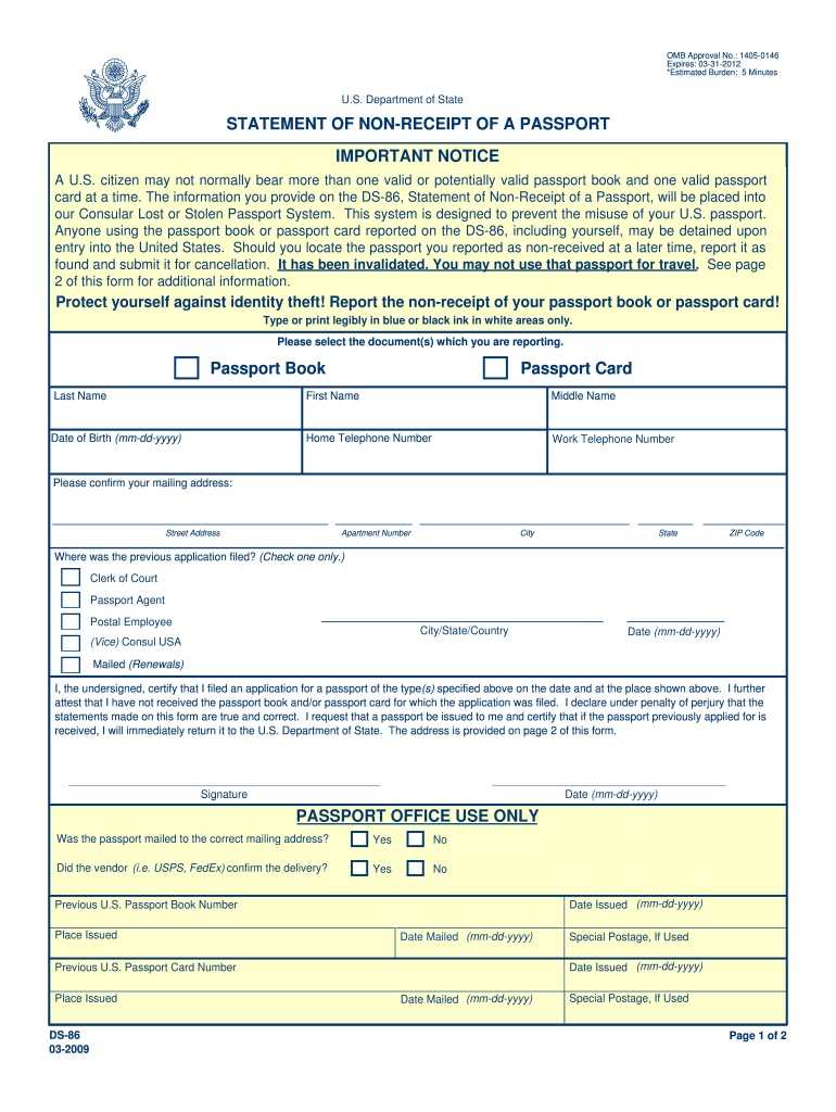  DS 86 Statement of Non Receipt of a Passport Ace Passport Services 2020-2024