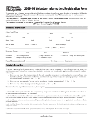 Memphis City Schools Volunteer Form