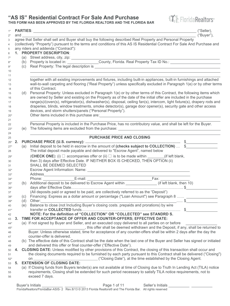 as is Residential Contract for Sale and Purchase Florida Fillable  Form