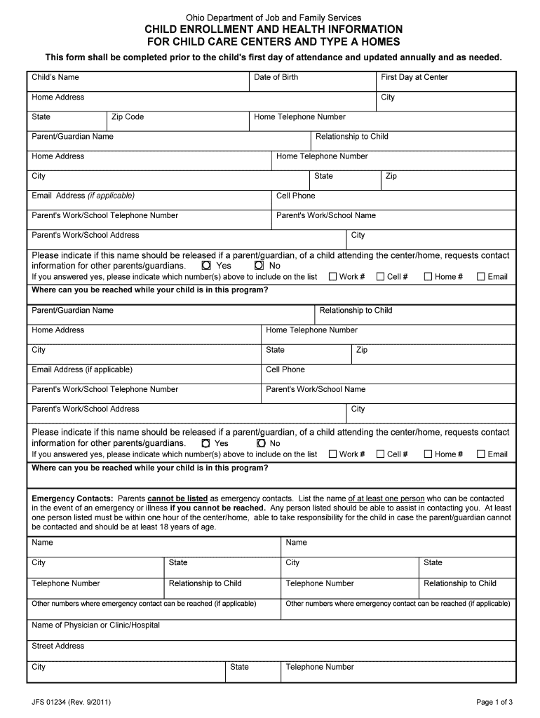  Child Enrollment and Health Information for Child Care Centers Online Fillable Form 2011