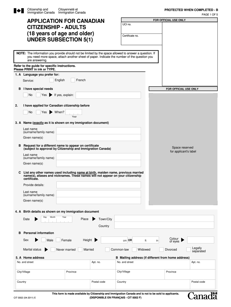 Get and Sign Canadian Citizenship Application Form 2011
