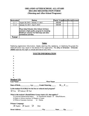  After School All Star Orlando Registration Form 2013