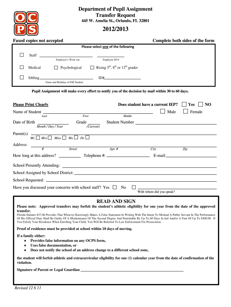  Ocps Pupil Assignment Notification  Form 2012