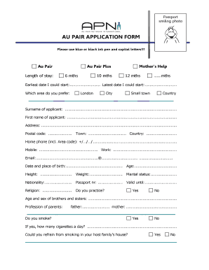 Au Pair Application Form Uk