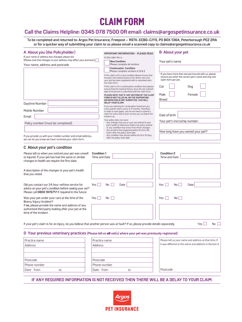 Argos Pet Insurance Claim Form