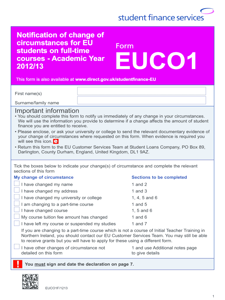 Get and Sign Student Finance Euco1 Form for Part Time Uk 2012