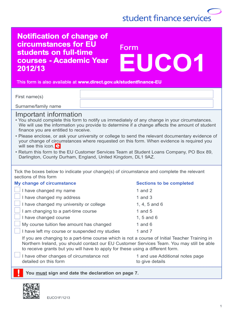 Student Finance Euco1 Form for Part Time Uk 2012