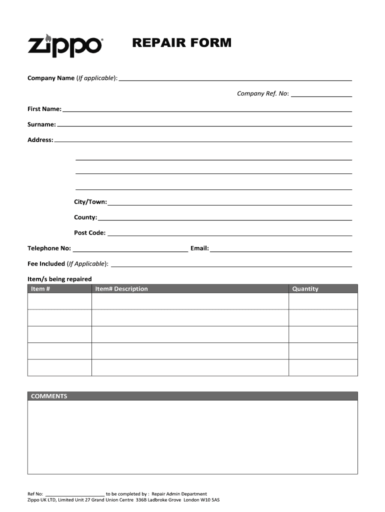 Zippo Lighter Repair  Form