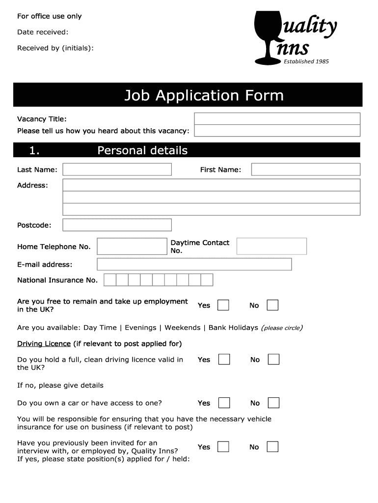 Quality Inn Application  Form