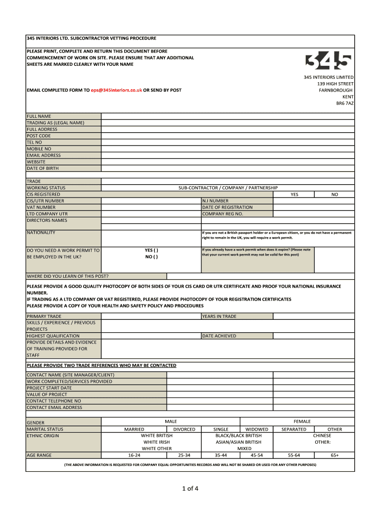 Subcontractor Vetting Form Template