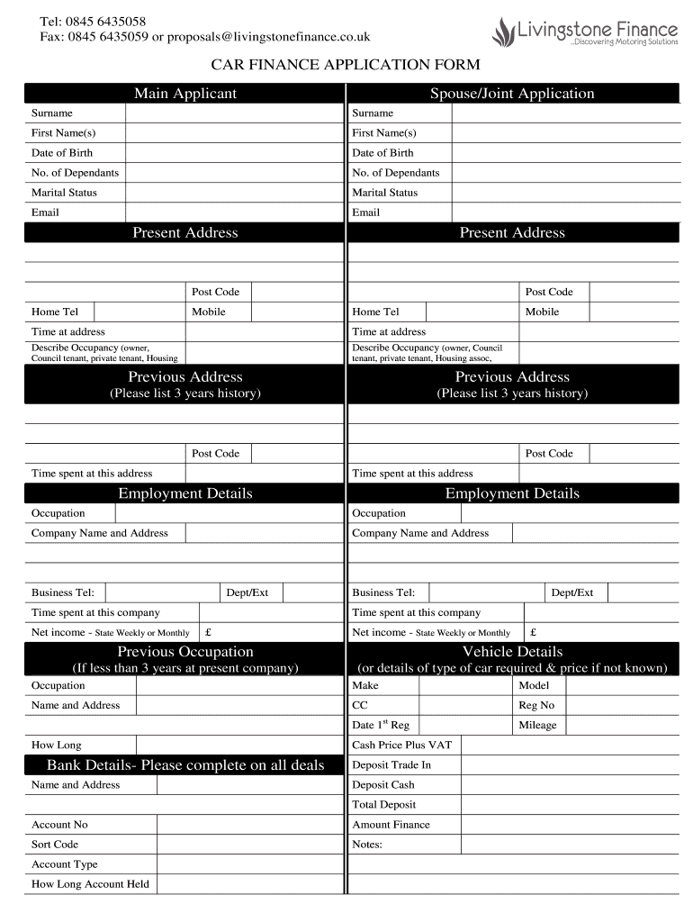 Printable Car Finance Application  Form