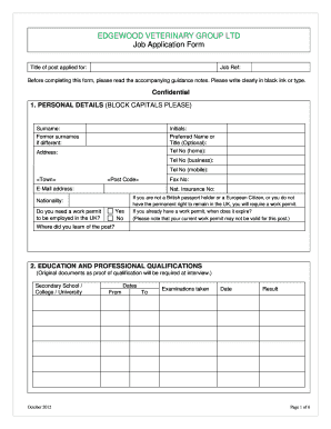 Veterinary Job Application Form