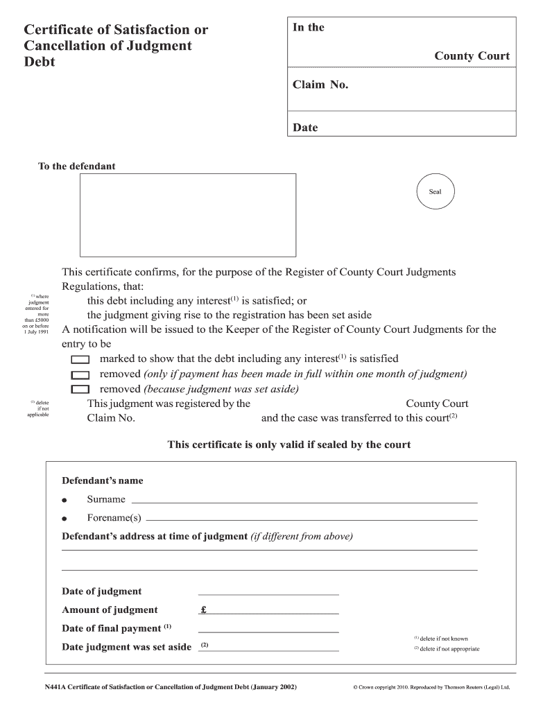 Certificate of Satisfaction  Form