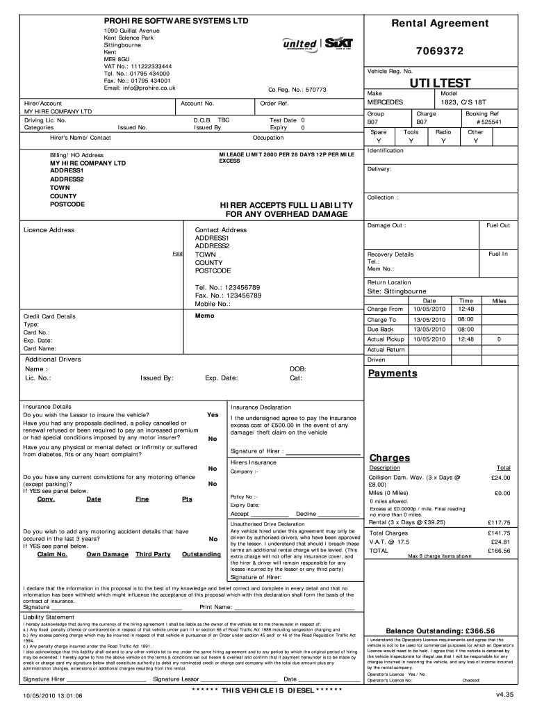 Prohire Rental Agreement  Form