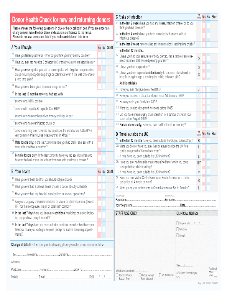  Donor Health Check Questionnaire 2012-2024