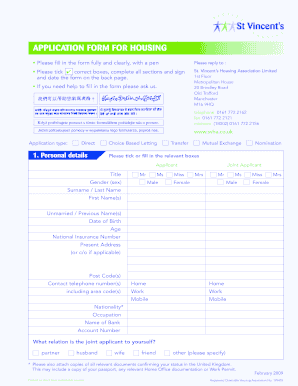 Application Form for Housing St Vincent&amp;amp;amp;#39;s Housing Association Ltd