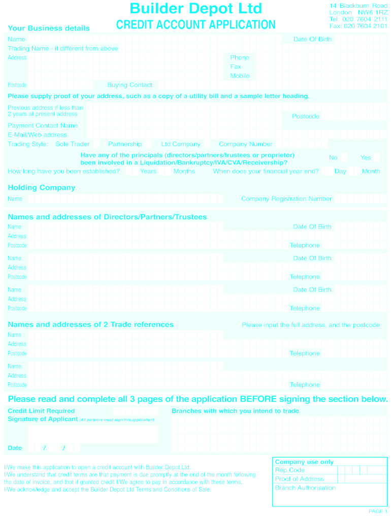 Credit Account Application Form Template