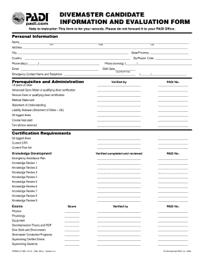 Divemaster Candidate Information and Evaluation Form