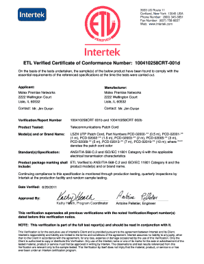 ETL Verified Certificate of Conformance Number Molex Premise