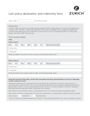  Zurich Insurance Lost Policy Release Form 2014