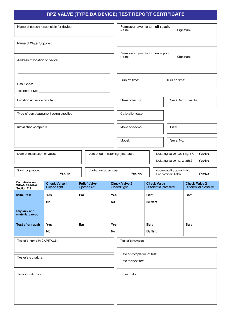 Rpz Test Sheet  Form