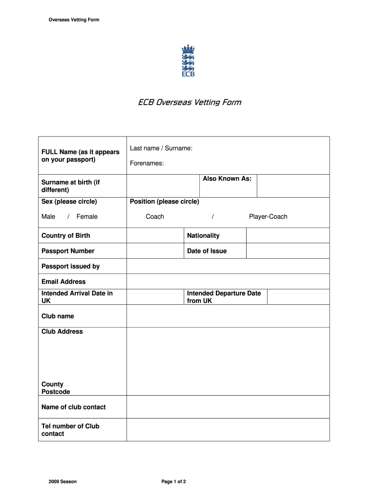  Ecb Non Uk Resident Vetting Form 2009-2024