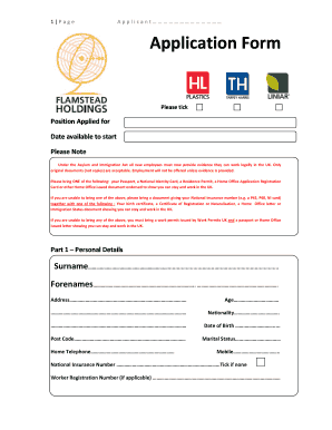 Application Form HL Plastics, Derbyshire UK