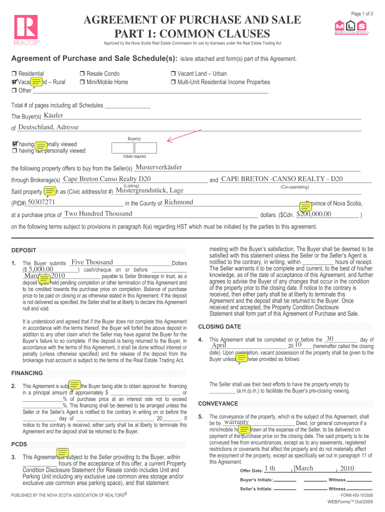 Agreement of Purchase and Sale Nova Scotia  Form