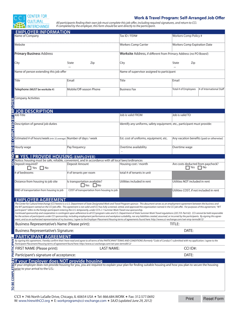 Cci Self Arranged Job Offer Form