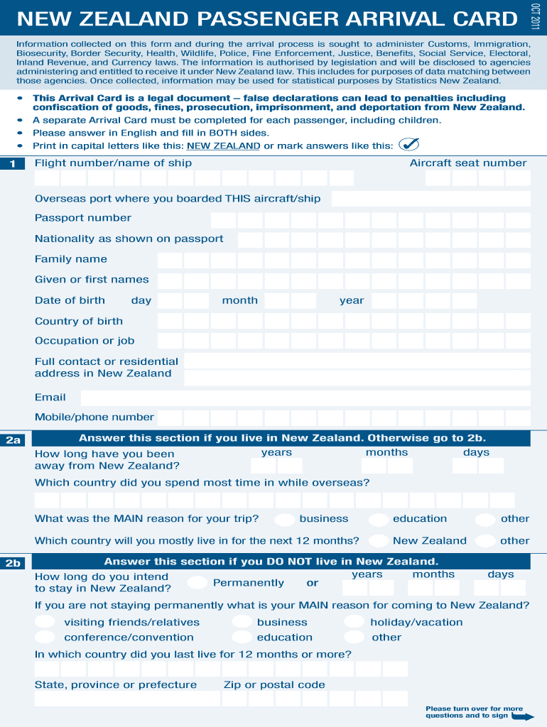 Get and Sign How to Fill New Zealand Passenger Arrival Card  Form 2011-2022