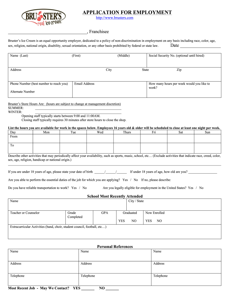 Brusters Application  Form