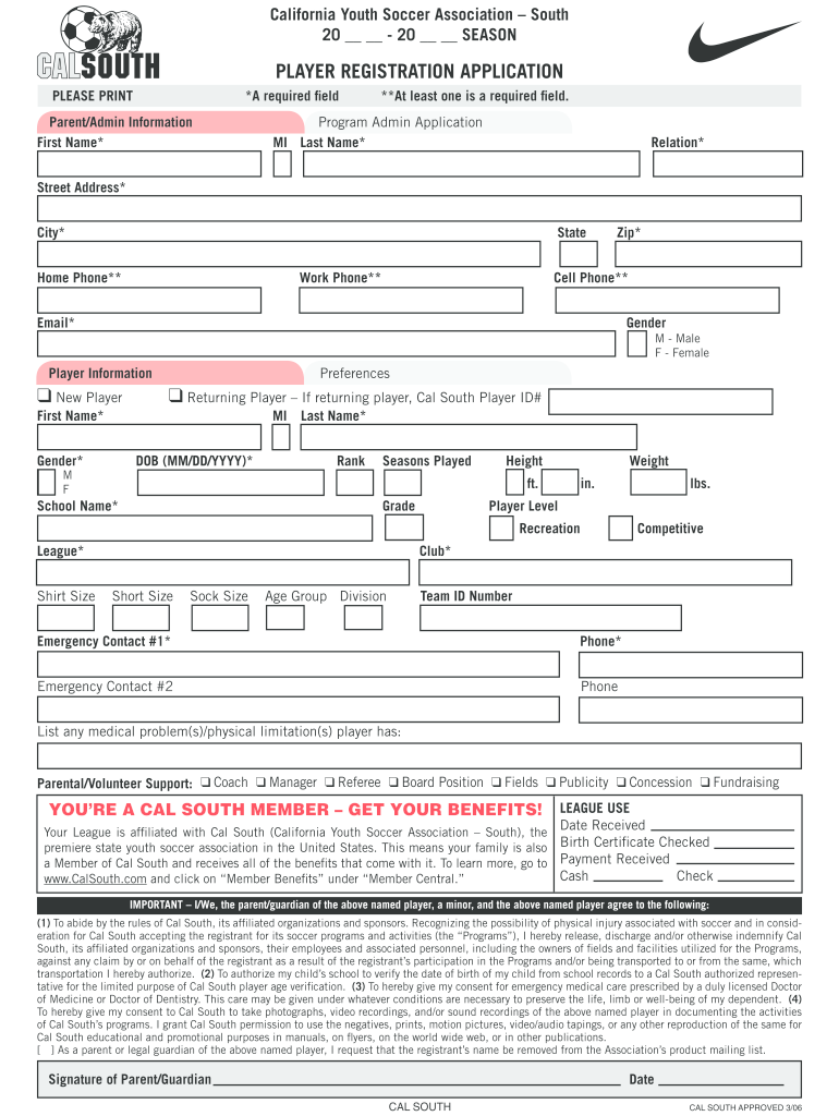  Cal South Registration Form 2006-2024