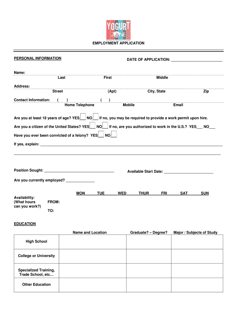 Get and Sign Yogurt Zone Application  Form