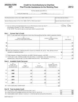 ARIZONA FORM 321 Credit for Contributions to Charities that Provide Assistance to the Working Poor for the Calendar Year , or Sc