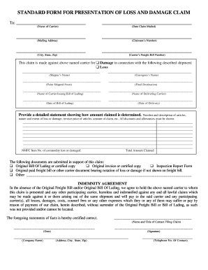 Standard Form for Presentation of Loss and Damage Claim Instructions