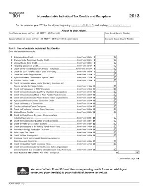 ARIZONA FORM 301 Nonrefundable Individual Tax Credits and Recapture Fiscal Year Beginning MM for the Calendar Year , or D D Y Y 