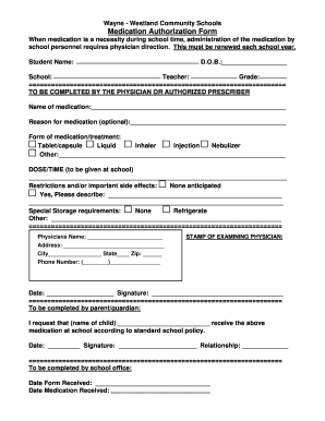 Medication Authorization Form Wayne Westland Community Schools Wwcsd