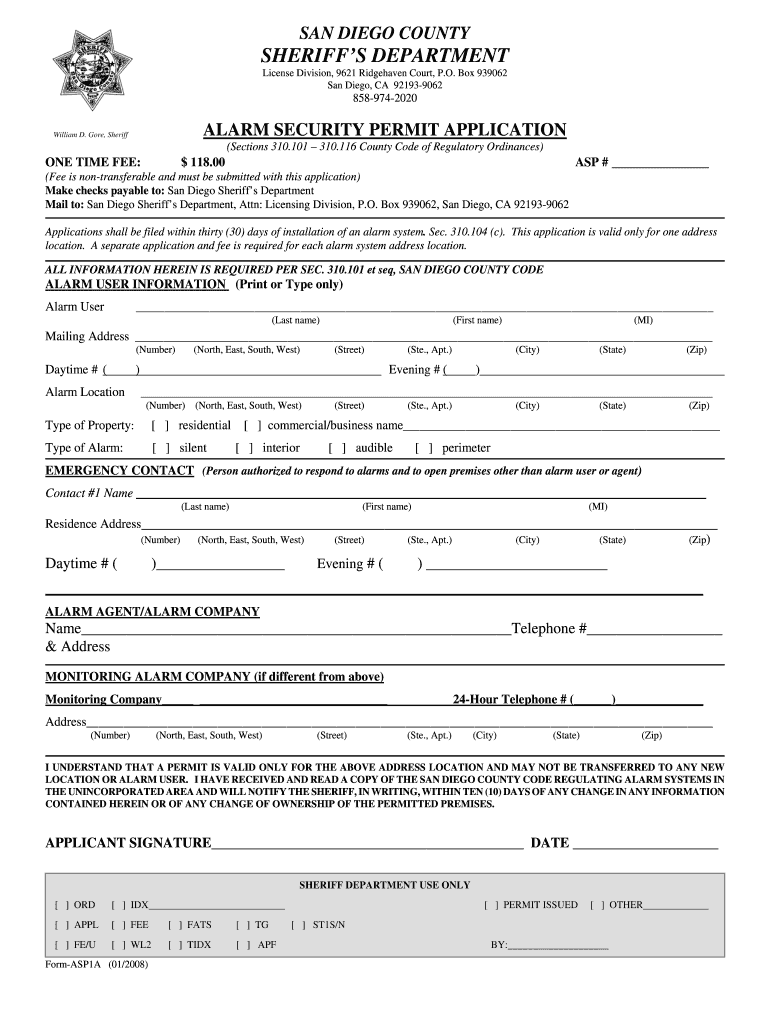 San Diego County Alarm Permit  Form
