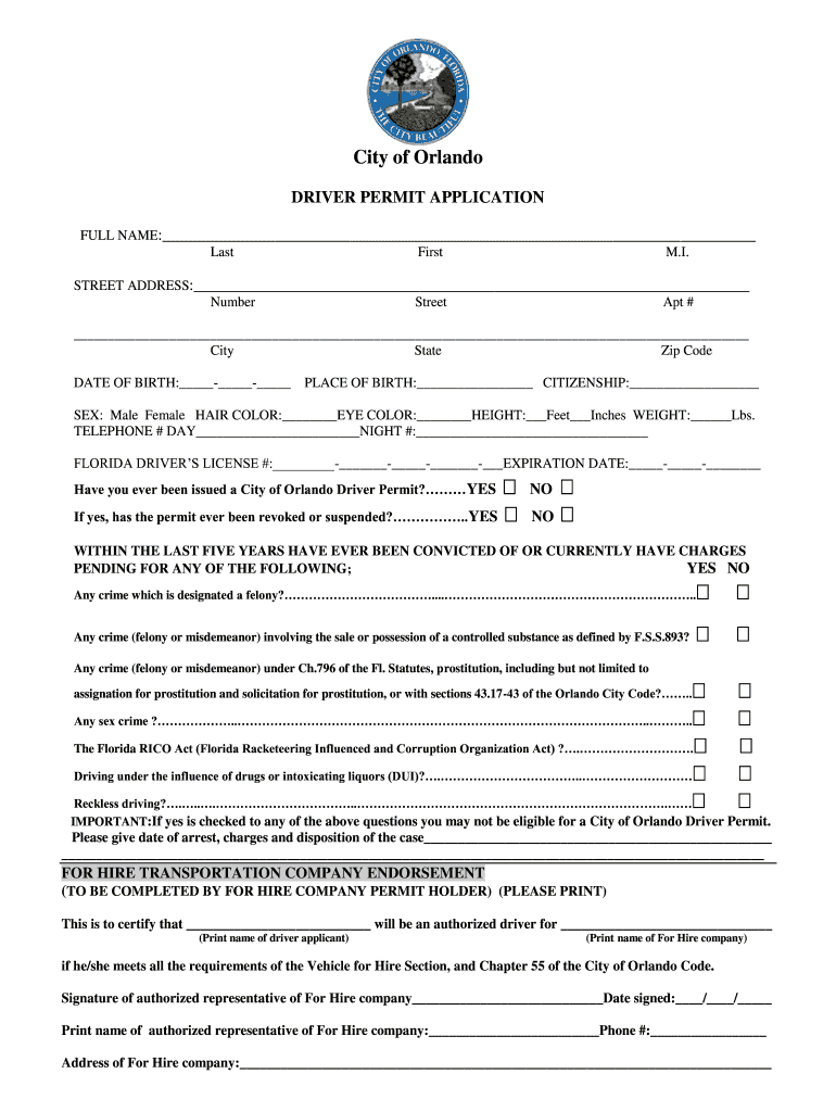 City of Orlando Driver Permit  Form