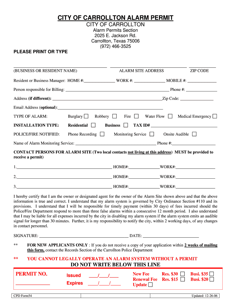  City of Carrollton Alarm Permit 2006-2024